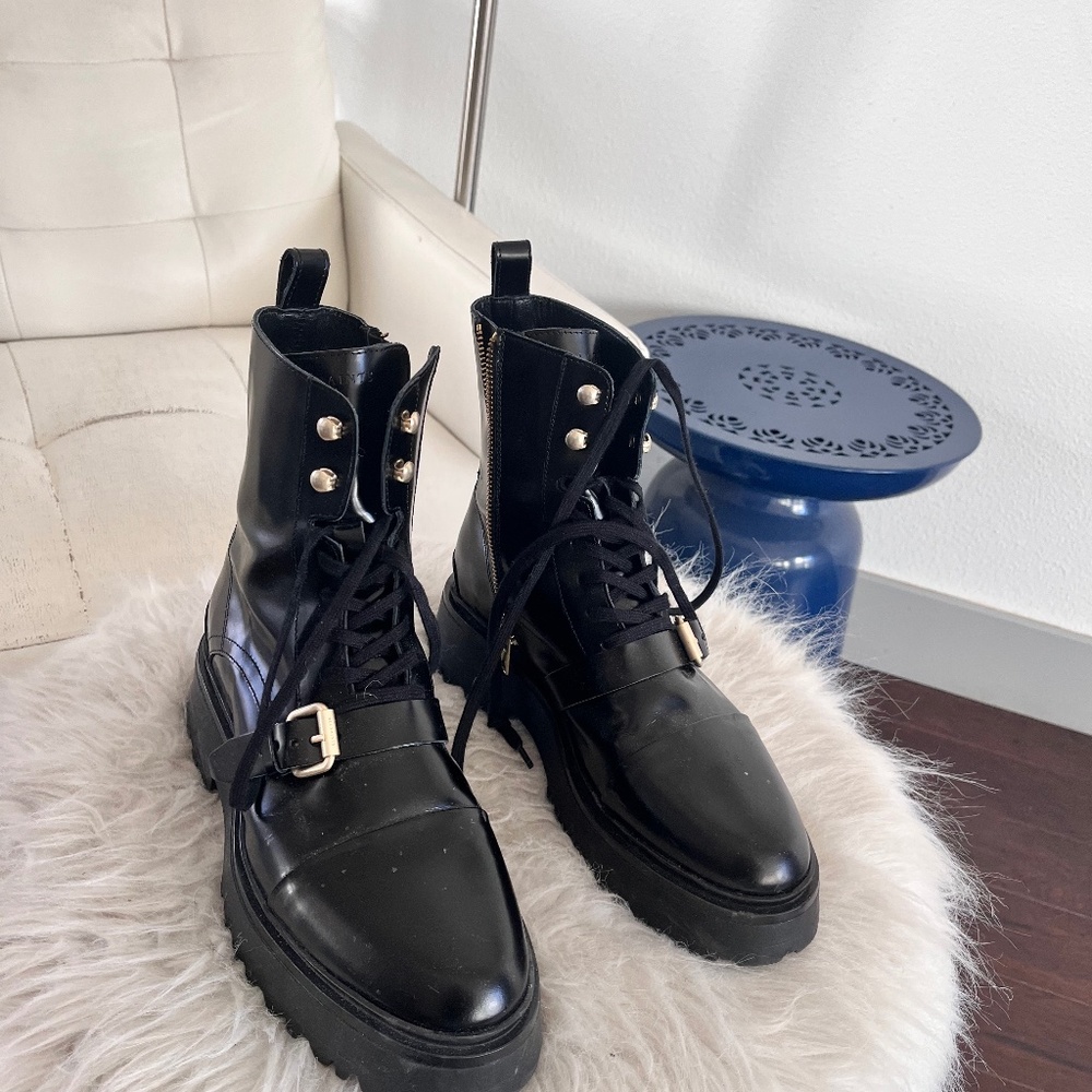 All Saints Glossy Black Moto Boots with Silver Accents
